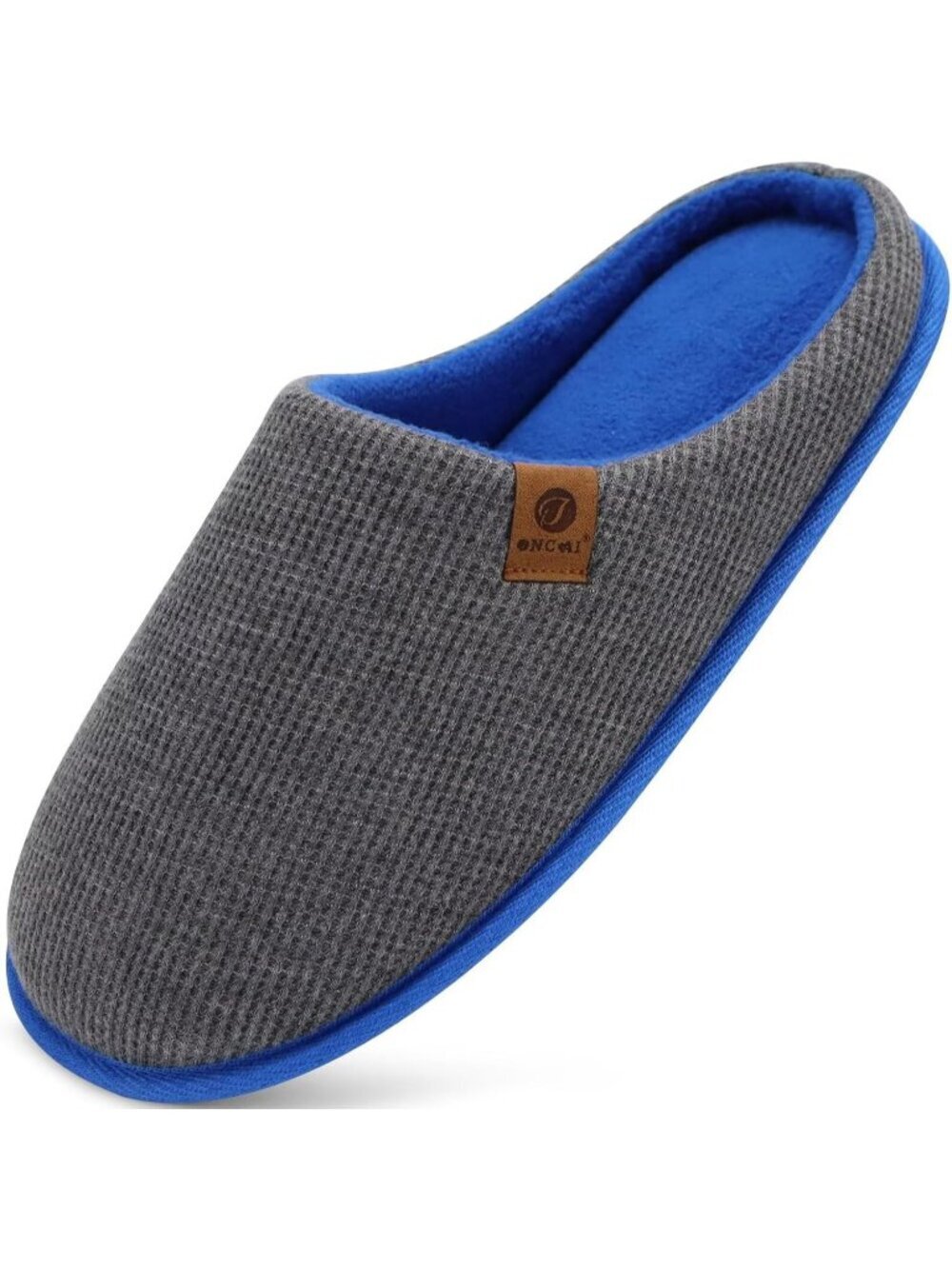 Mens Grey And Blue Cushion Foam Shake Fleece Faux Fur Lining House Slipper Shoes